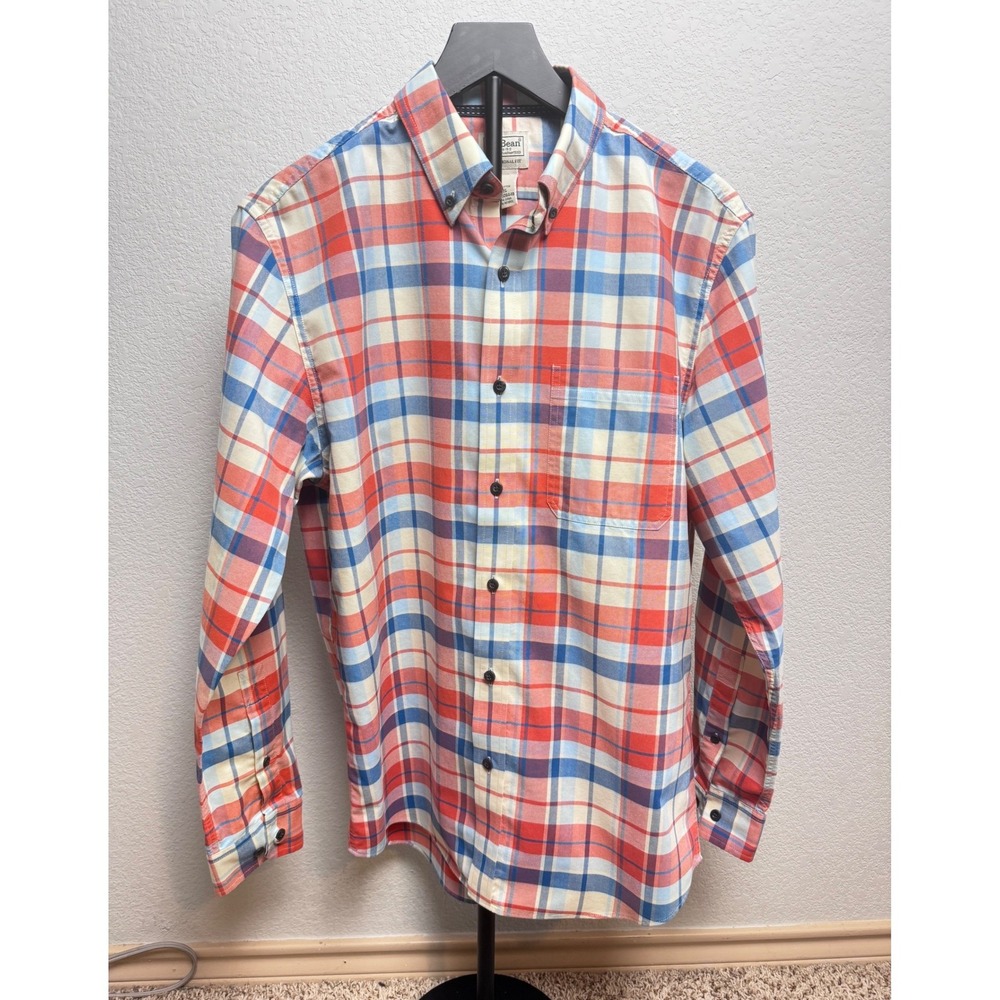 LL Bean Mens Small Traditional Fit Plaid Button Down Shirt Red Blue Casual